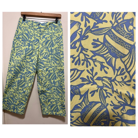 Talbots Women's Sz 10 Green/Blue Fish Vtg Print Stretch Cropped Capri Pants - Picture 1 of 8